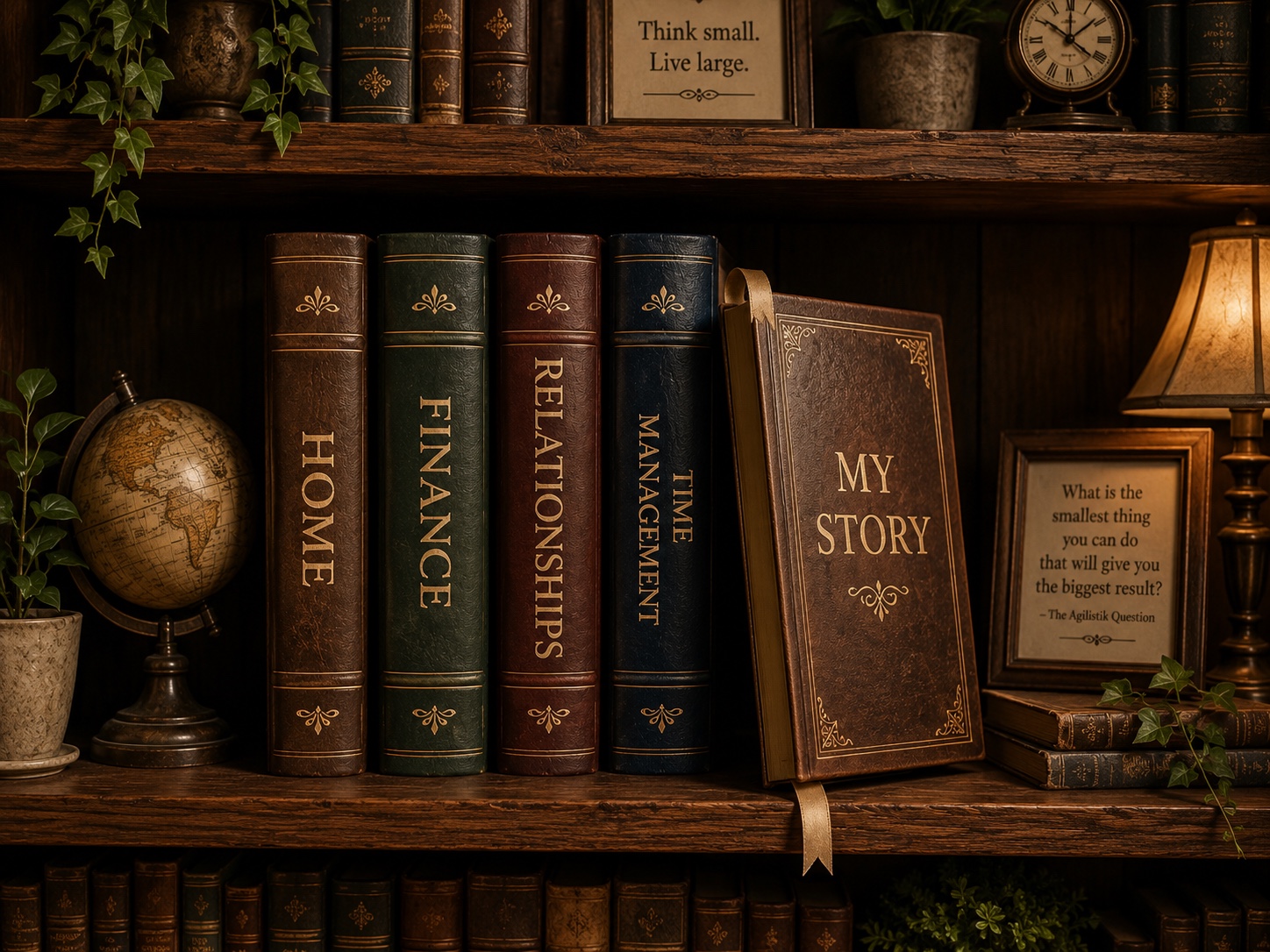 A dark walnut bookshelf with leather books labeled Home, Finance, Relationships, Time Management, and My Story.